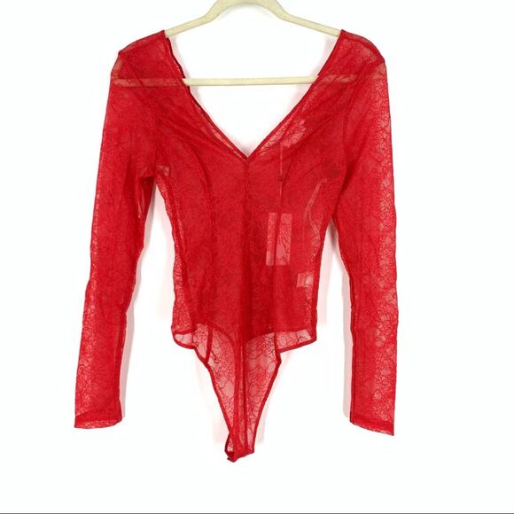 Lovers + Friends Pearson Bodysuit Cherry Red Lace Women’s XXS NEW - Picture 1 of 12